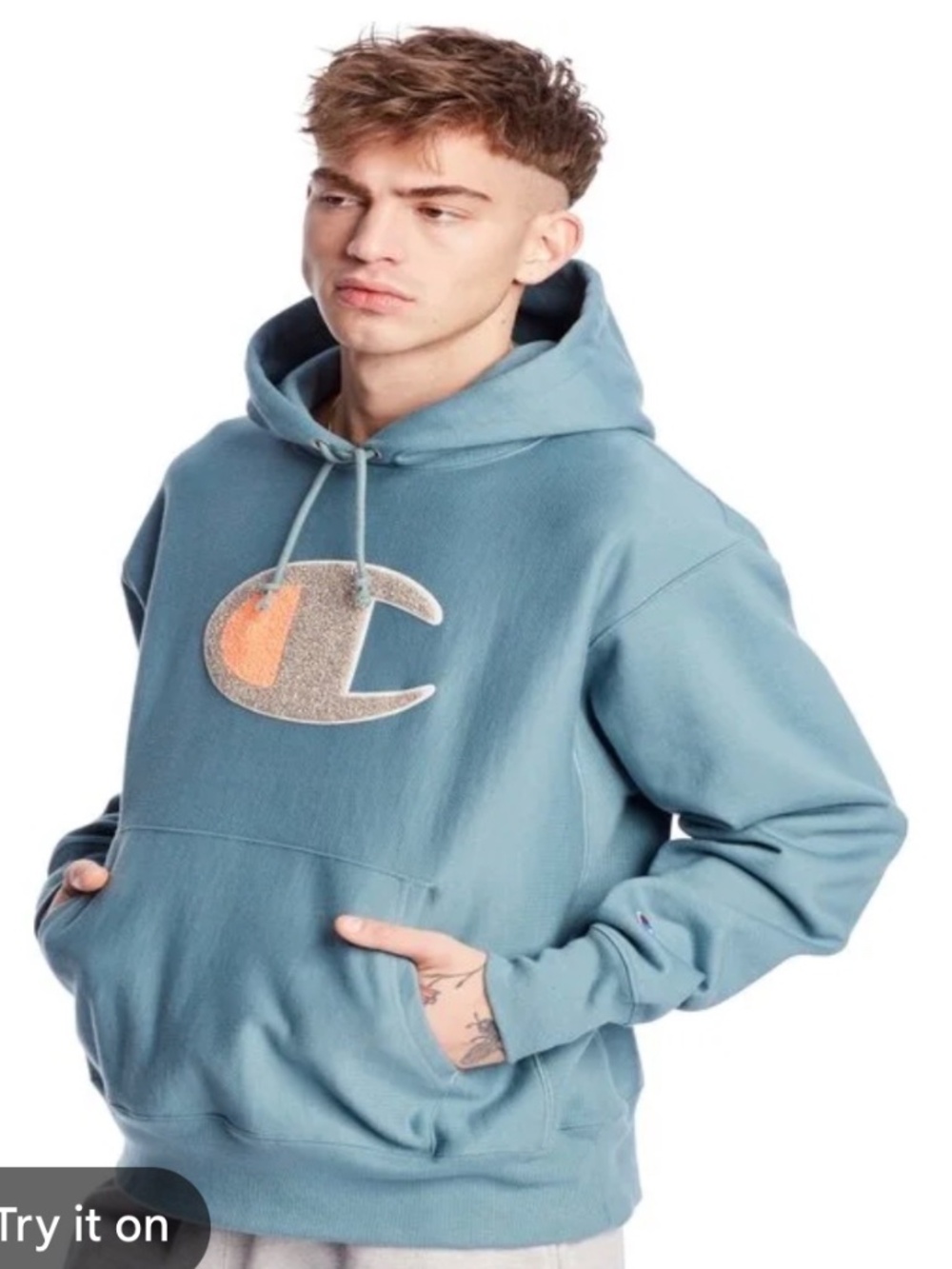 Champion Reverse Weave, large logo hoodies sweatshirt, size medium
